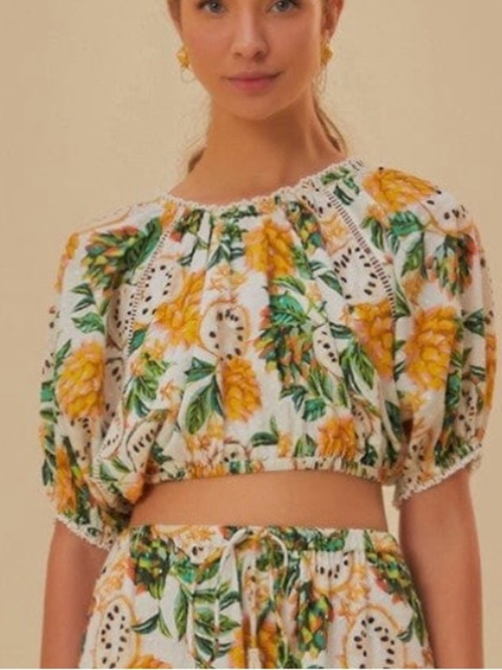 Farm Rio Biriba Cropped Top Size M Tropical Vacation Fruit Print Beach Boho NWT